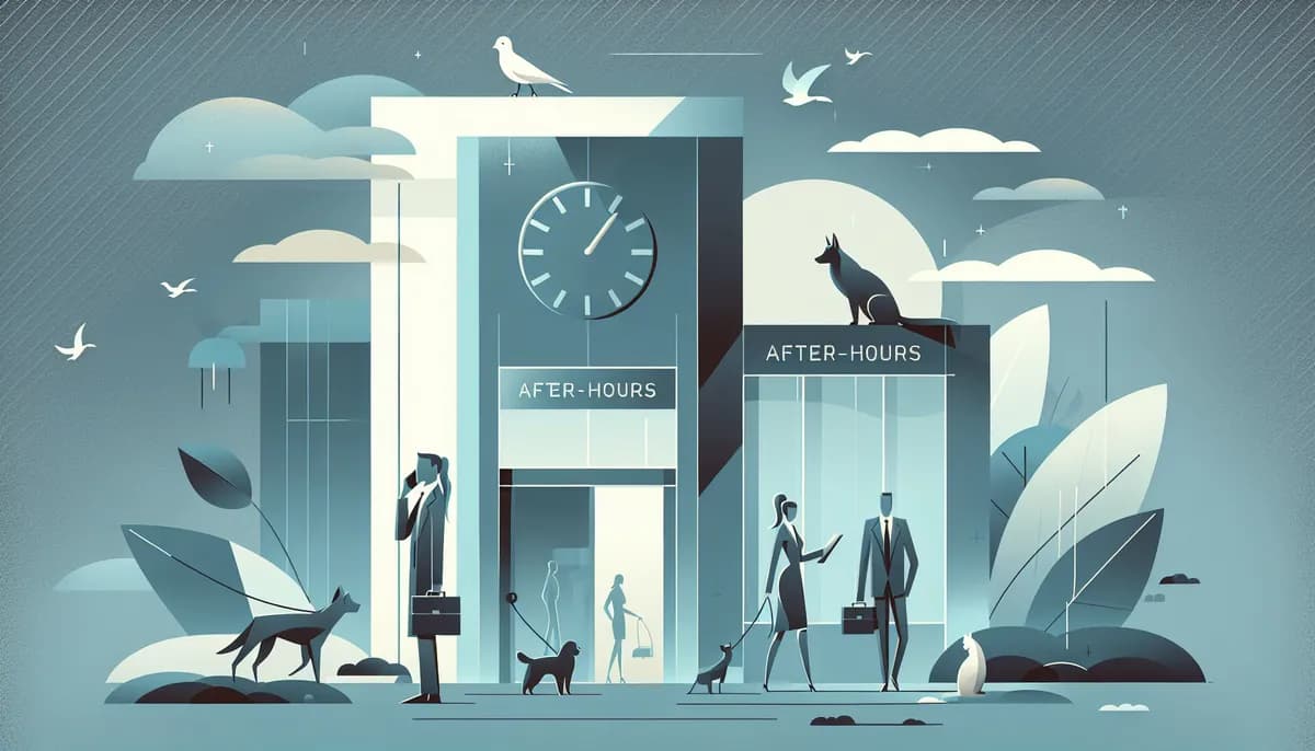 Illustration showing veterinary clinic after-hours availability concepts for veterinary clinic businesses — visual guide to capturing leads when the office is closed